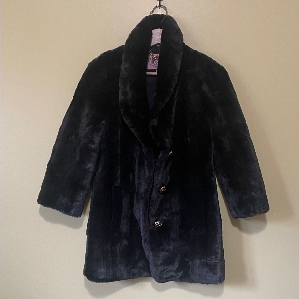 Juicy Couture Black Faux Fur Coat with Gold Accents